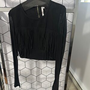 Black Fringe Long Sleeve Top